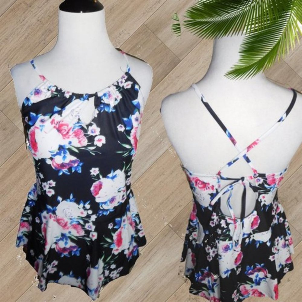 BLACK FLORAL PRINT TWO PIECE SWIMSUIT